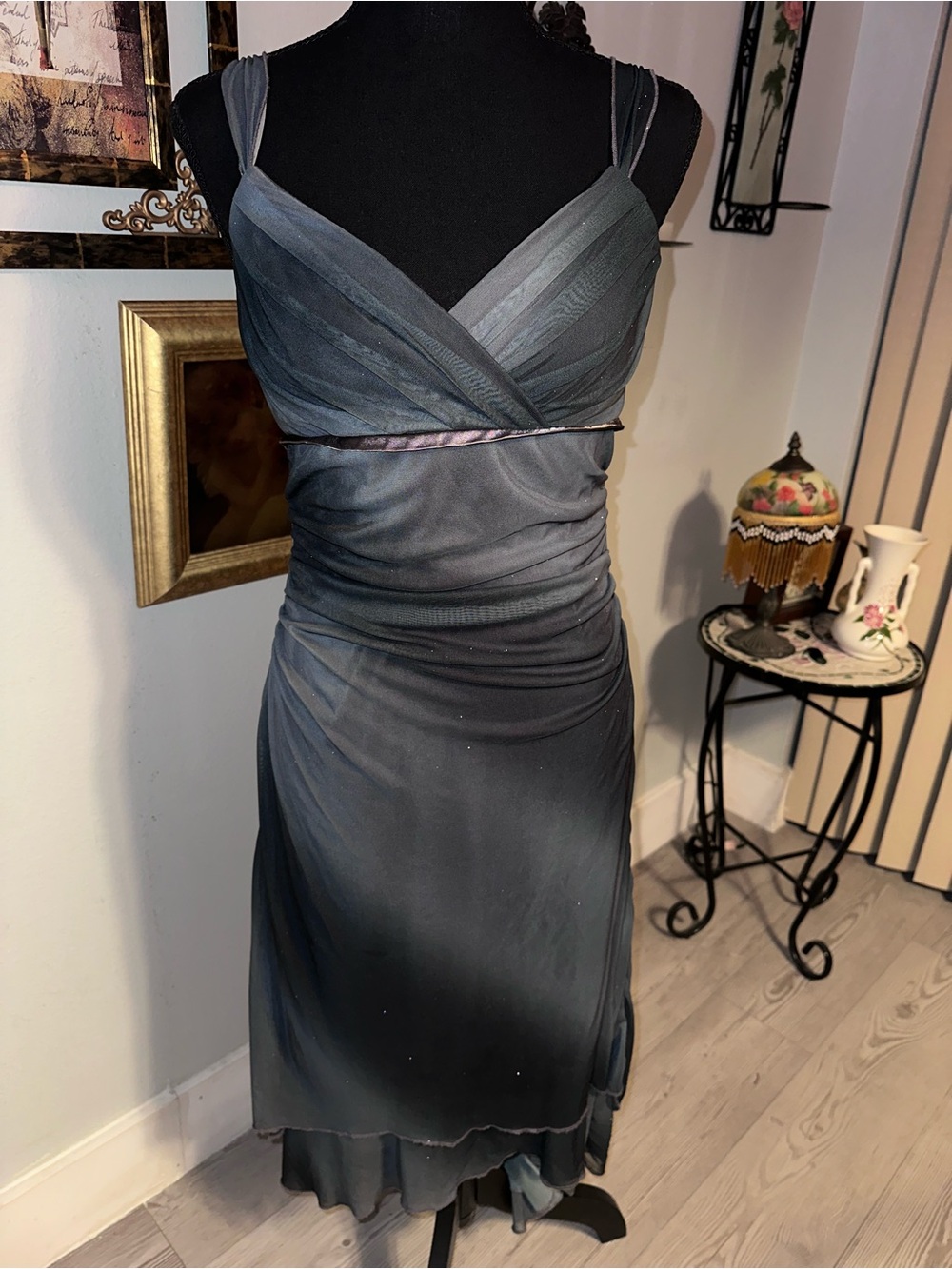 Vtg Ruby Rox Gray Gradient V-Neck Strappy Chiffon Ruffle Hum Midi Dress